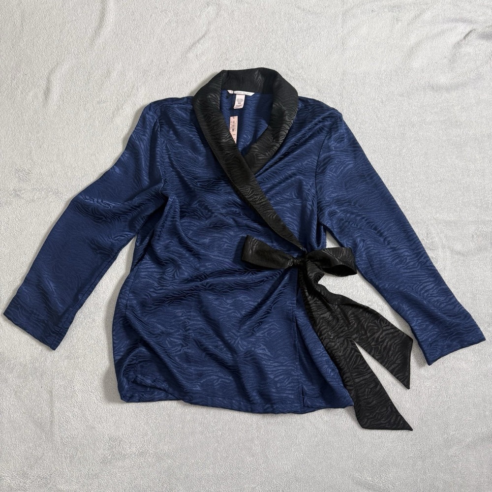 NWT Victoria's Secret Satin Zebra Jacquard Wrap Robe Blue Black M/L Belted